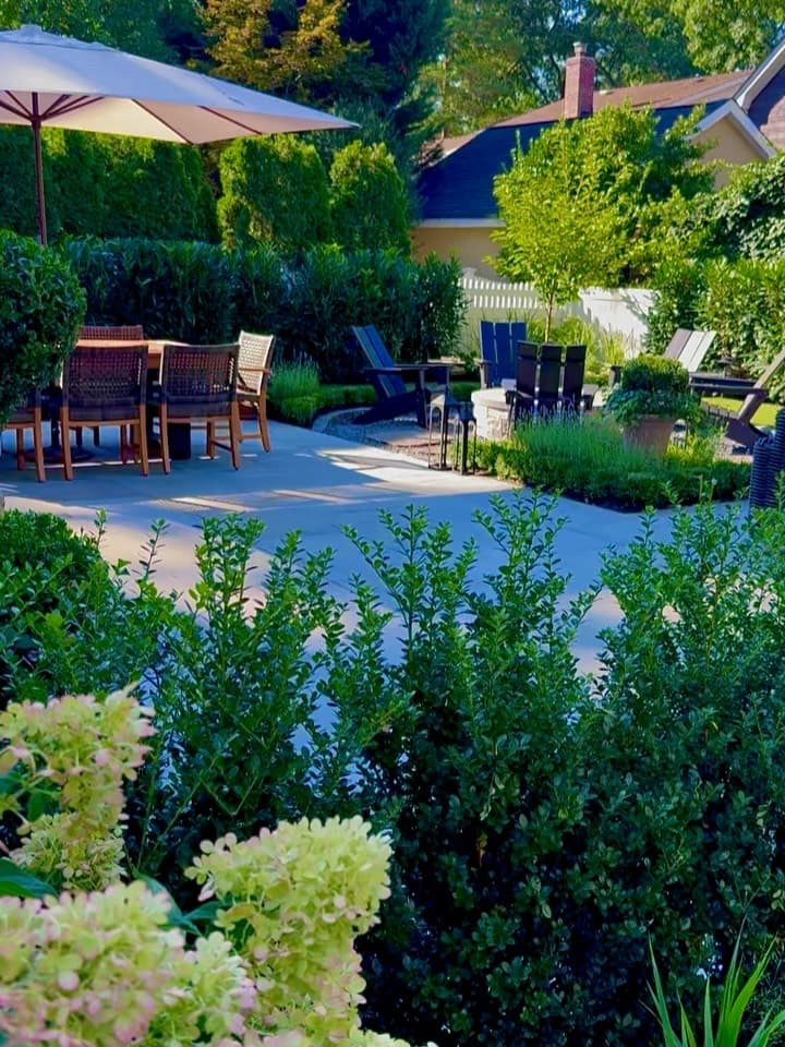 Bluestone patio framed by clipped hedges
